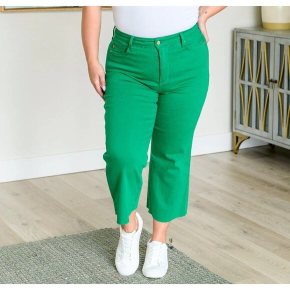 Judy Blue High Waist Garment Dyed Wide Leg Crop Jean Green Size 20W - Picture 1 of 6